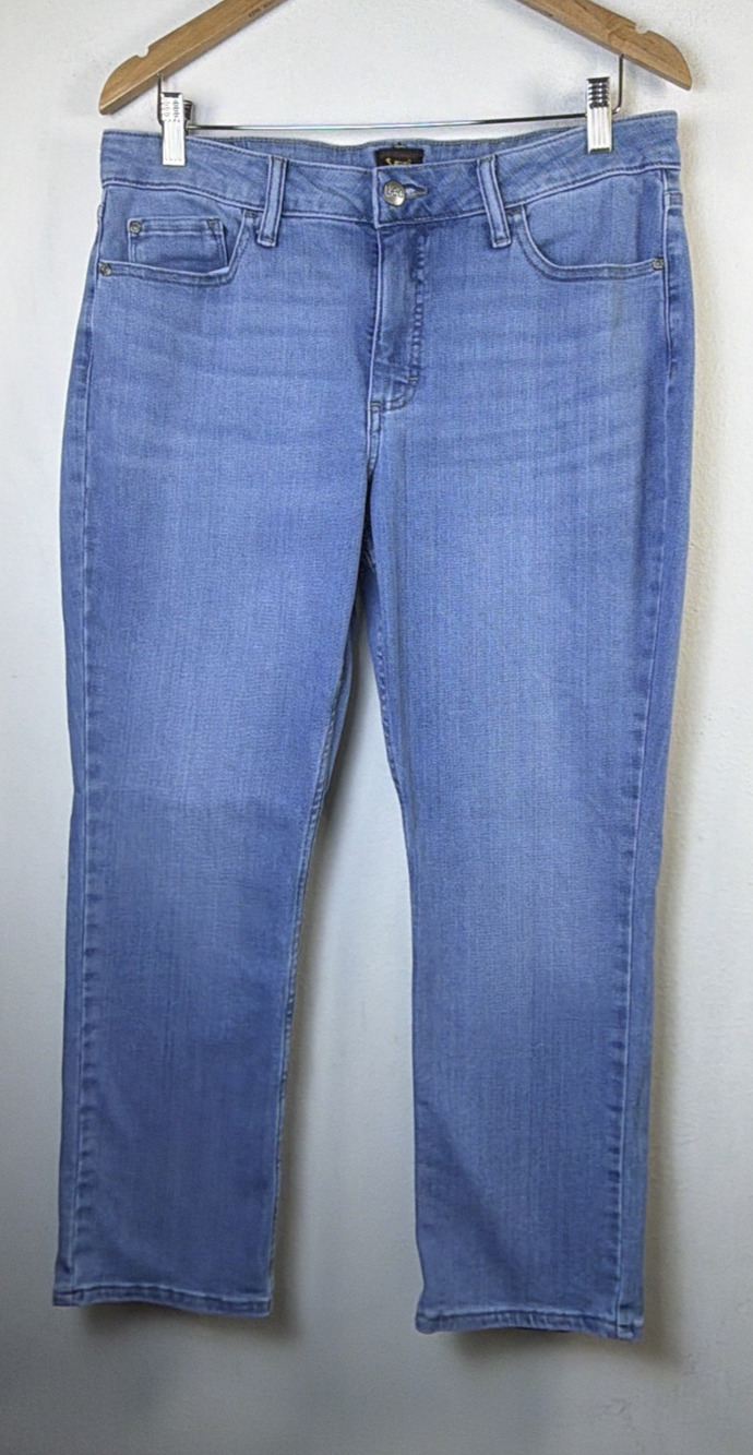 Lee Women's 12 short Blue Mid-Rise Stretch Jeans straight light wash 12 petite